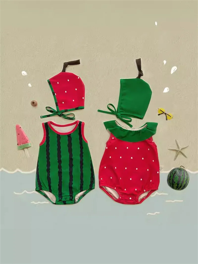Korean Summer Baby Clothes Swimsuit Rompers Boys Girls Bodysuit Funny Watermelon Overall Sling Onesie Jumpsuits Bathing with Hat