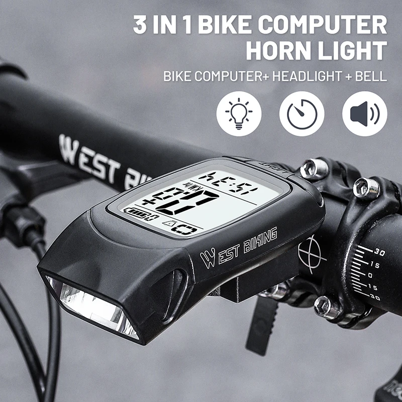 WEST BIKING Wireless Bicycle Computer LED Light Horn 3 In 1 Versatile Bike Odometer USB Rechargeable Waterproof Speedometer