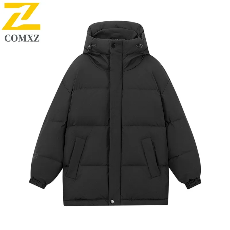 COMXZ Men Long Down Jacket Premium Hooded Outdoor Camping Lightweight Parka Solid Color Hiking Cold Protection Warm Winter Coat