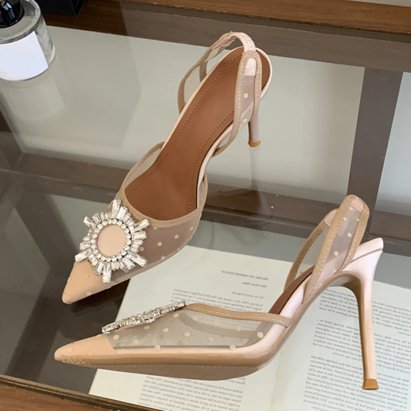 Liyke Elegant Pointed Toe Rhinestones High heels Wedding Shoes Fashion Crystal Sunflower Buckle Slingback Pumps Women Sandals