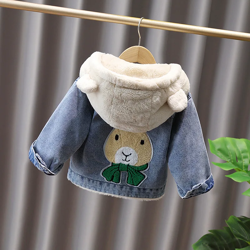 Baby Mädchen Jeans-Fleece-Kapuzenjacke 2026 Herbst Winter Kinder Niedliche Hasen-Applikation Dicker Warmer Mantel Kinderbekleidung Oberbekleidung – Detail 4