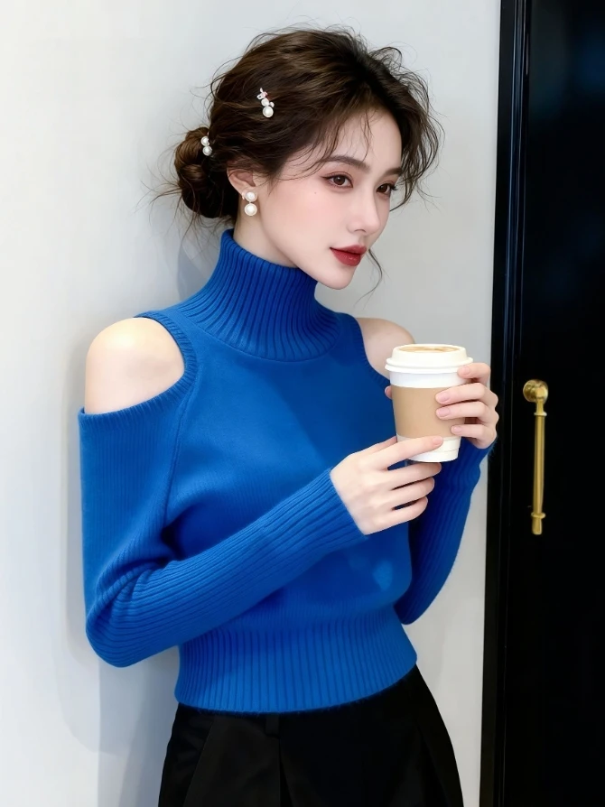 

Корейский вязаный свитер с высоким воротником и открытыми плечами, средней толщины, из хлопка, повседневный, удобный, весенний, модный топ