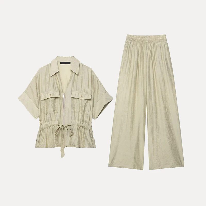 Conjunto de Moda Fena Z 2025 Verão: Csa  de Manga Curta com Gola e Botões e Calça Plona em Fibra de Polié...