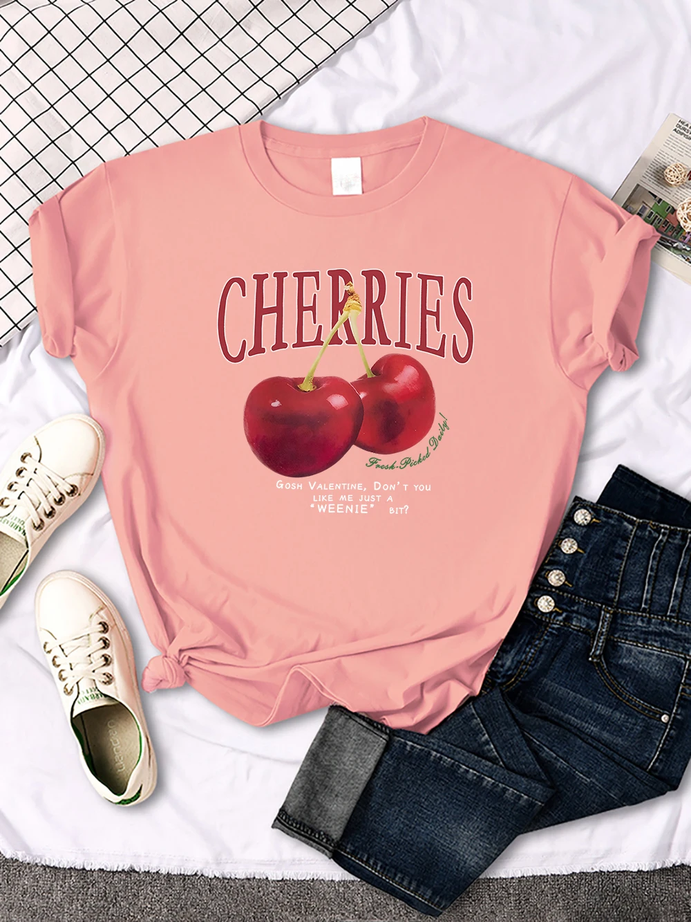 Cherry And Letter Pattern Tees Comfortable Retro Women'S T-Shirt Trendy Breathable Clothes Daily Versatile Woman Short Sleeve