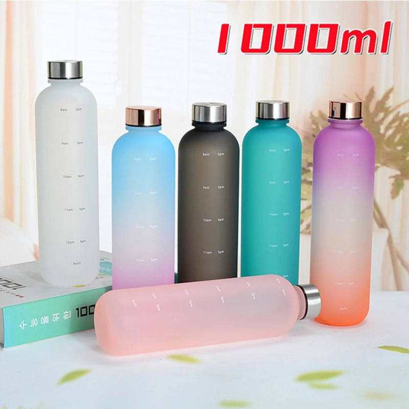 Matte Water Bottle 1000ml Plastic Water Cup With Lid Frosted Drinking Bottle For Girls With Time Marker Tea Drinkware Kitchen