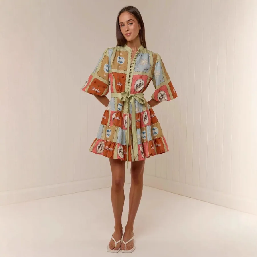

【New Arrival】Women's Patchwork Print Short Sleeve Mini Dress, Tie Waist Ruffle Hem Casual Dress