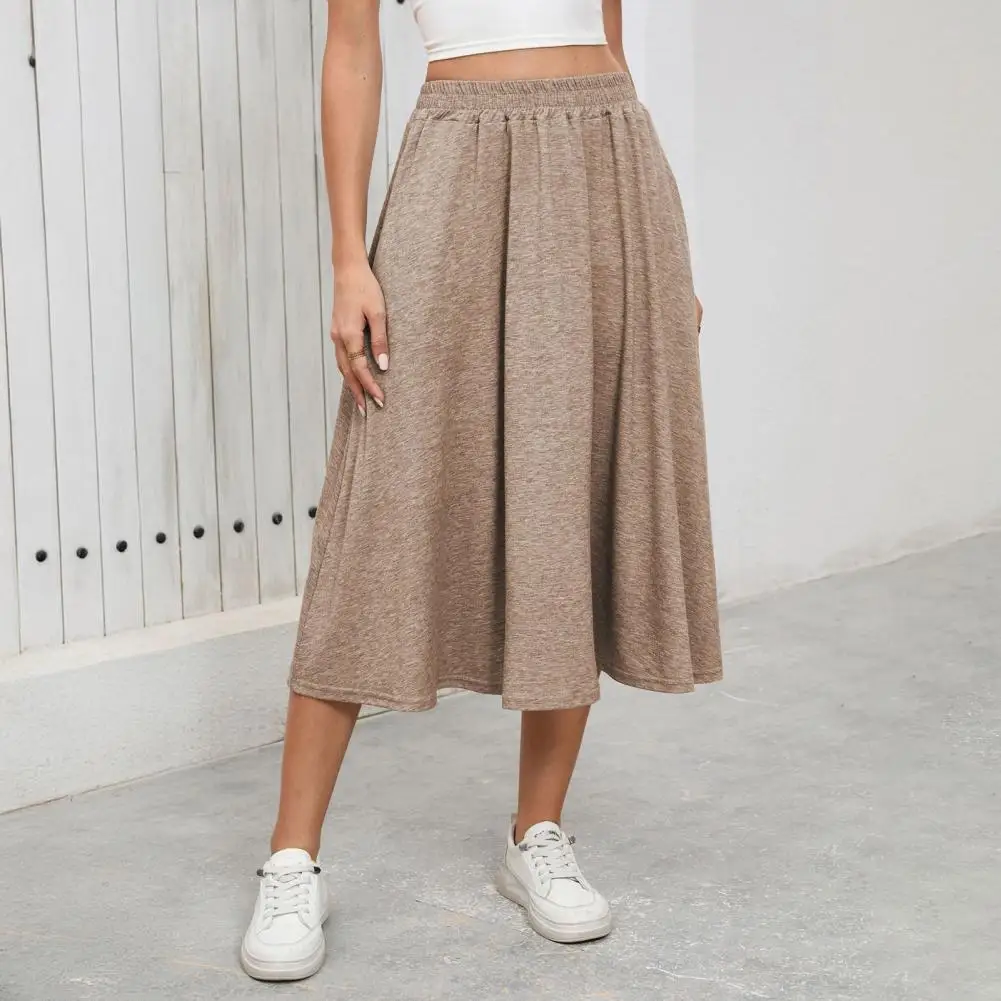 Flattering High Waist Skirts Women Midi Skirt Elastic High Waist Large Hem Mid-calf Length Skirt Solid Commuting Style Skirt