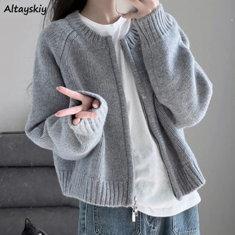 

Zip-up Loose Cardigan Women Cozy Outwear Pure Casual O-neck Streetwear Tender Fashion Knitted Students Ulzzang Кардиган Женский