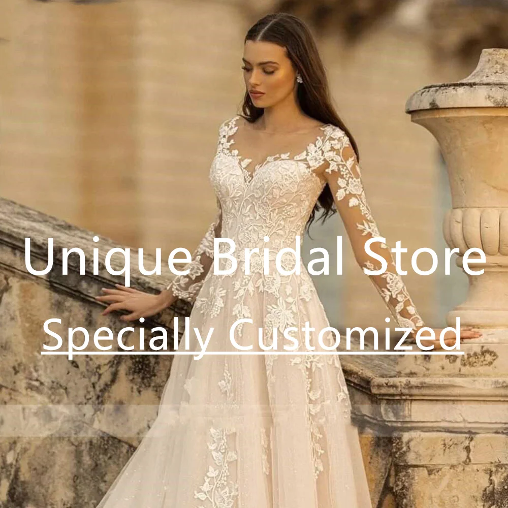 Personalizado querida clássico a linha vestido de casamento trem varredura rendas sem costas manga longa apliques sexy rendas vestidos de noiva bri