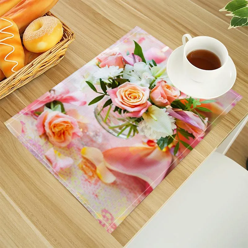 Pink Rose Print Linen Dining Table Mats Alphabet Kitchen Pla
