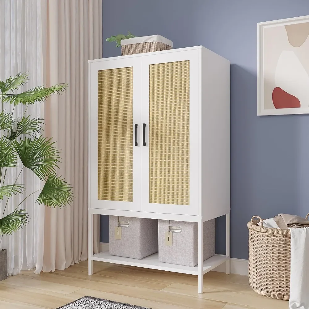 Wardrobe Closet With 2 Doors，Rattan Bedroom Armoires With Hanging Rod Freestanding Wooden Wardrobe Cabinet With Shelves,White|