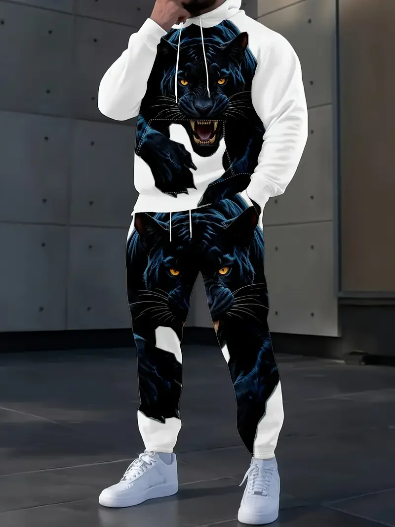 Men's 3D Animal Tiger Print Trendy Hoodies 2-Piece Set Fashion Men Women Tracksuit Outfits Outdoor Sports Sweatshirts Pants Suit