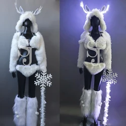 White Feather Set Hat Christmas Gogo Dancer Costume Women Cosplay Festival Outfits Bar Ds Nightclub Stage Dj Rave Wear XS7406
