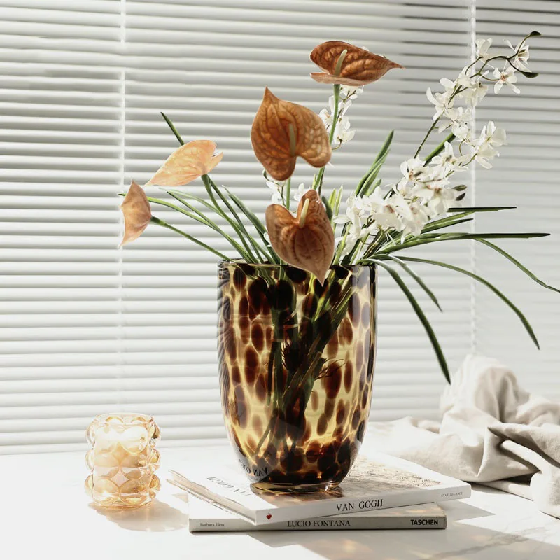 Modern Leopard Print Wide Diameter Glass Flower Vessel Living Room Flower Arrangement Vase Dining Table Hydroponic Container