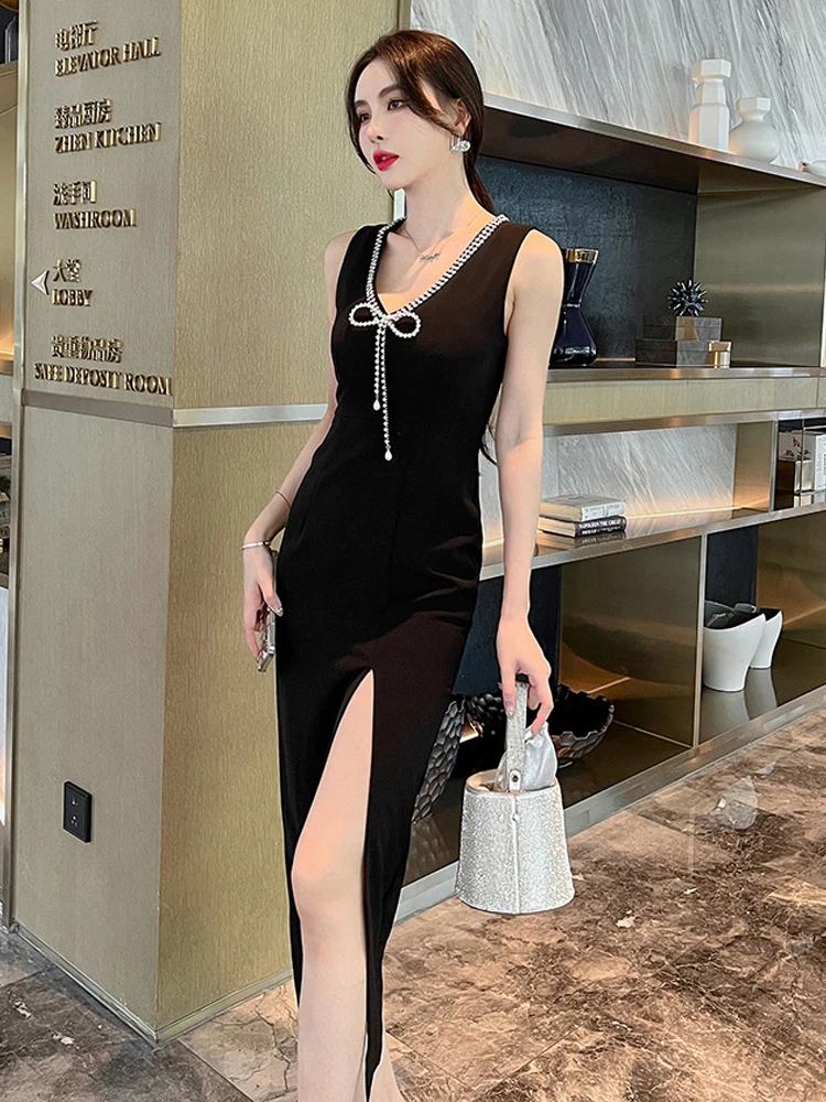 Elegancka Sukienka Wieczorowa Damska Sexy Słodka Kamizelka Diamenty Łańcuszek Obcisła Wysokie Rozcięcie Suknia Dama Impreza Klub Bal Studniówkowy Vestidos
