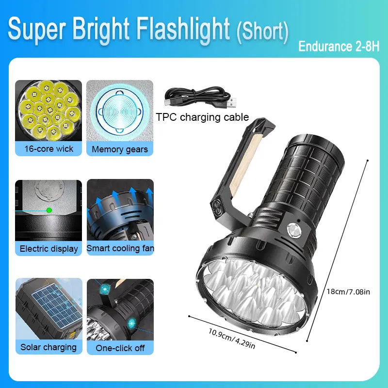 Linterna Táctica Súper Brillante de 5000000 Lúmenes con Ventilador de Refrigeración Integrado, 16 LED XHP50, Recargable