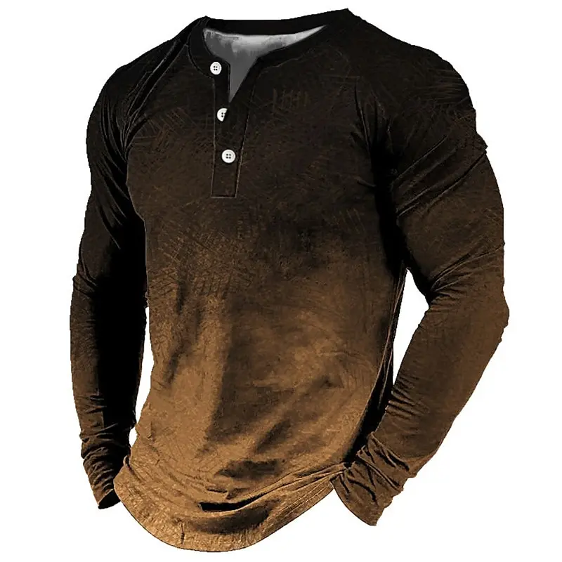 

New Gradient 3D Printing Men's Henley Shirts Fashion Vintage Streetwear Oversized Button Long Sleeve T Shirt Tops Man Clothing