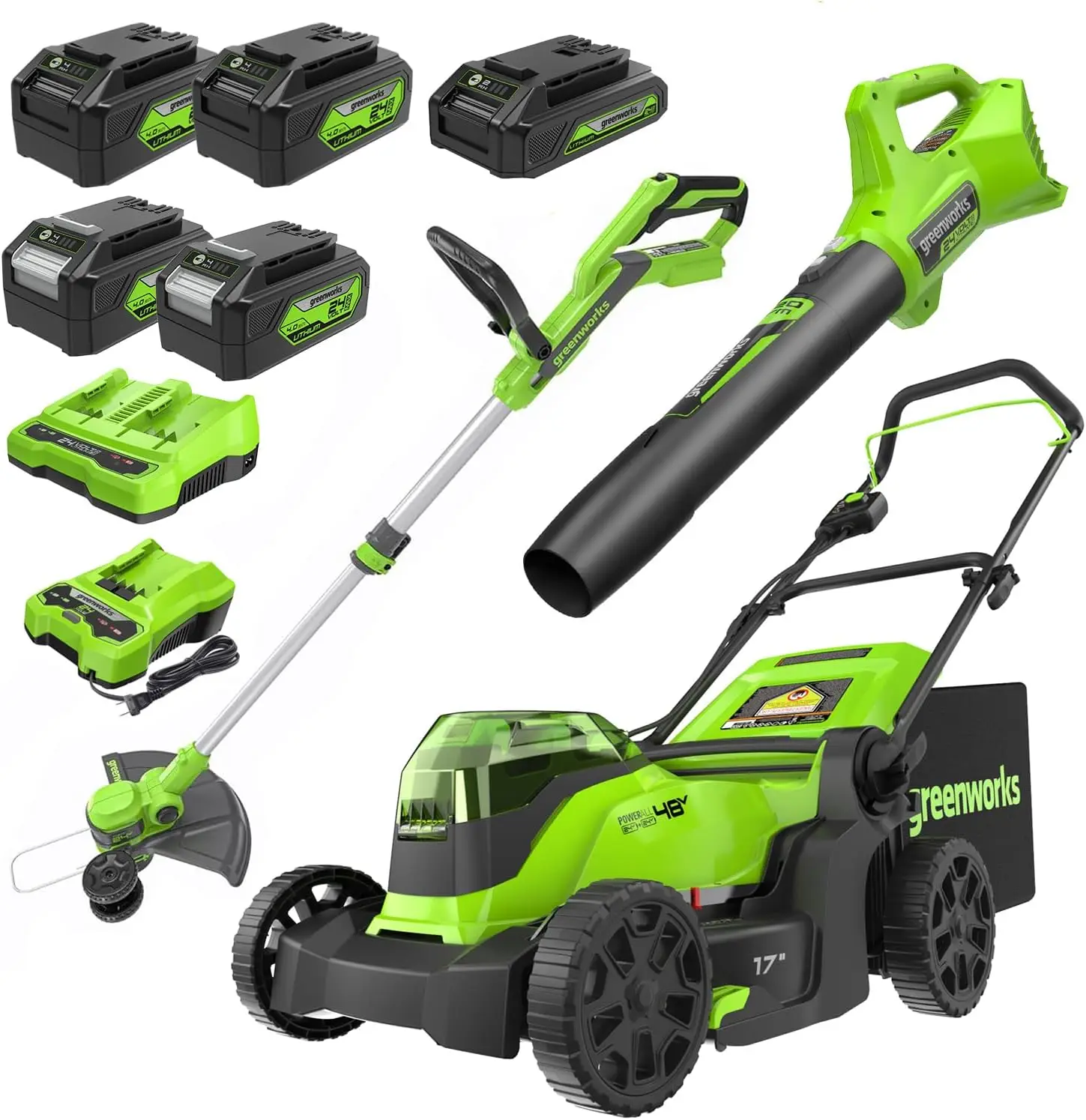 

48V (24V x 2) 20" Cordless Battery Lawn Mower, 12" String Trimmer & Edger, and 330 CFM Blower Combo Kit w/ (2) 4.0Ah Batteries,