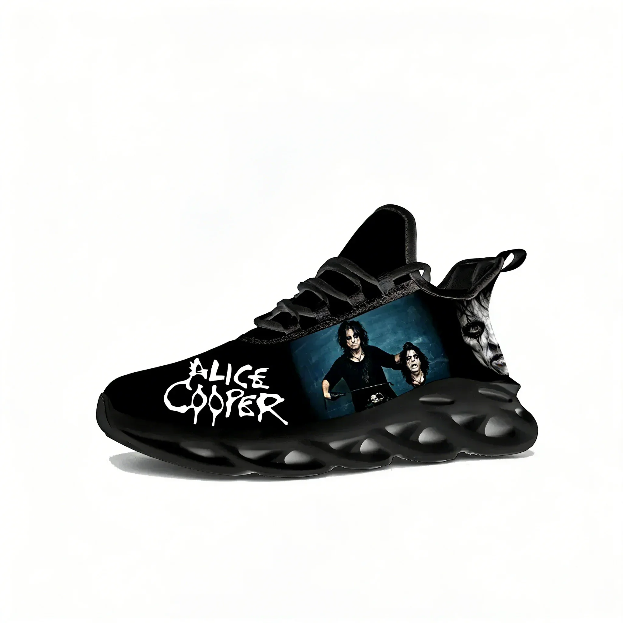 Zapatillas planas Alice Cooper para hombre y mujer, zapatillas deportivas de correr con cordones, calzado de malla, calzado hecho a medida, color negro