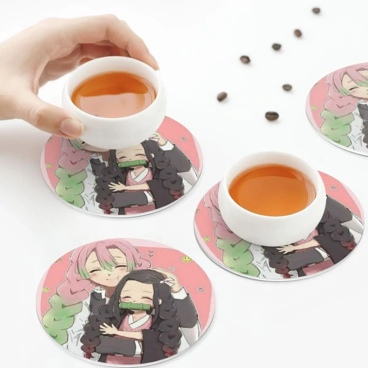 

Mitsuri Kanroji And Iguro Obanai Coasters Kitchen Placemats Insulation Cup Coffee Mats For Decor Home Tableware Pads Set of 4