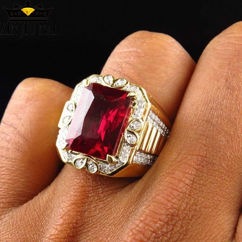 Anillo de compromiso con piedra roja s925 para hombre, sortija con relleno de oro amarillo de 18kt, Estilo Vintage, ideal como regalo de boda