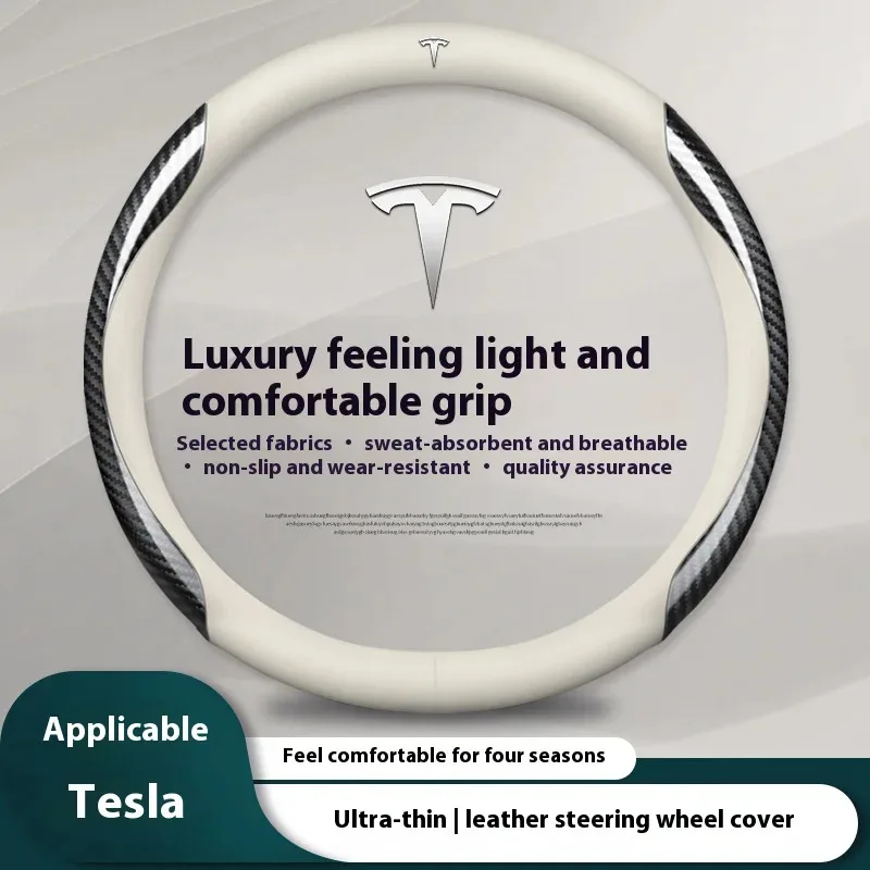 

For Tesla Roadster Model 3 Model Y Model S Model X Cybertruck Beast Car Leather Carbon Fiber Anti-Slip Steering Wheel Cover