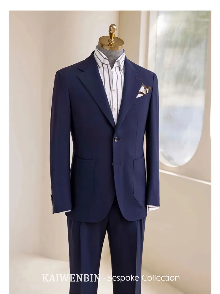 Men's Suit Navy Blue 100% Wool Italian Style Wide Lapel Fashion Business Formal Wedding Luxury Custom Tailored