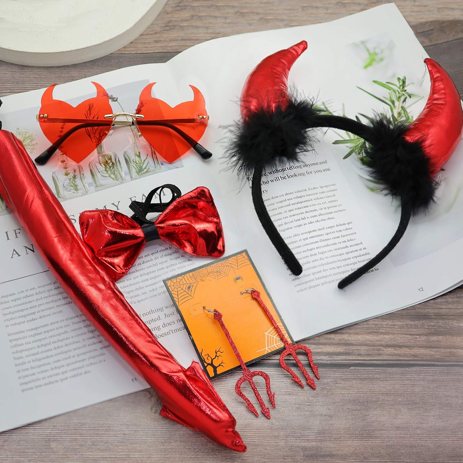Halloween Devil Cosplay Costume Accessories Fluffy Ears Stretchy Headband Bowtie Bendable Tail Set Devil Horns Headband Kit Prop