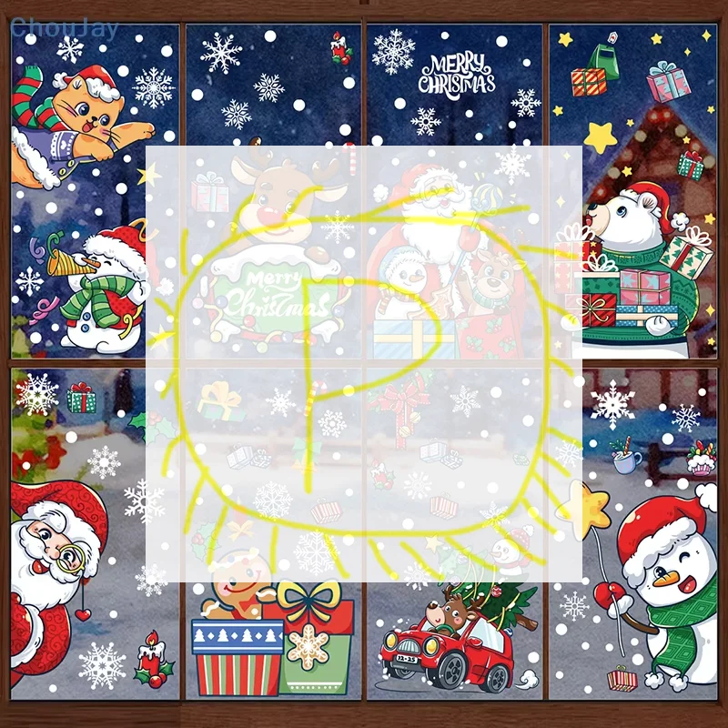 عيد ميلاد سعيد ملصقات نافذة سانتا كلوز الأيائل ثلج تصاميم للمنزل 2026 لوازم الحفلات الحلي شارات جدارية قابلة للإزالة