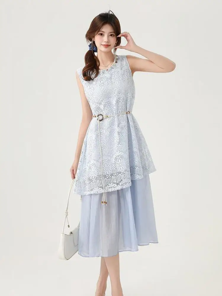 

French Vintage 2025 Women Blue Beige Patchwork Elegant Round Neck Sleeveless Vest Dress Summer Hollow Out Vacation Long Dresses