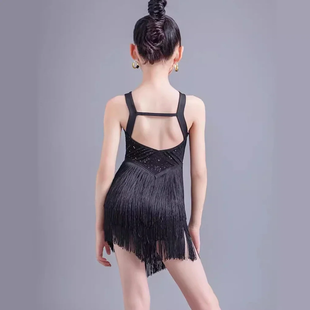 Girls Latin Dance Dress Black Backless Sleeveless Fringe Clothes Kids Cha Cha Rumba Dance Performance Costume Competition Dress