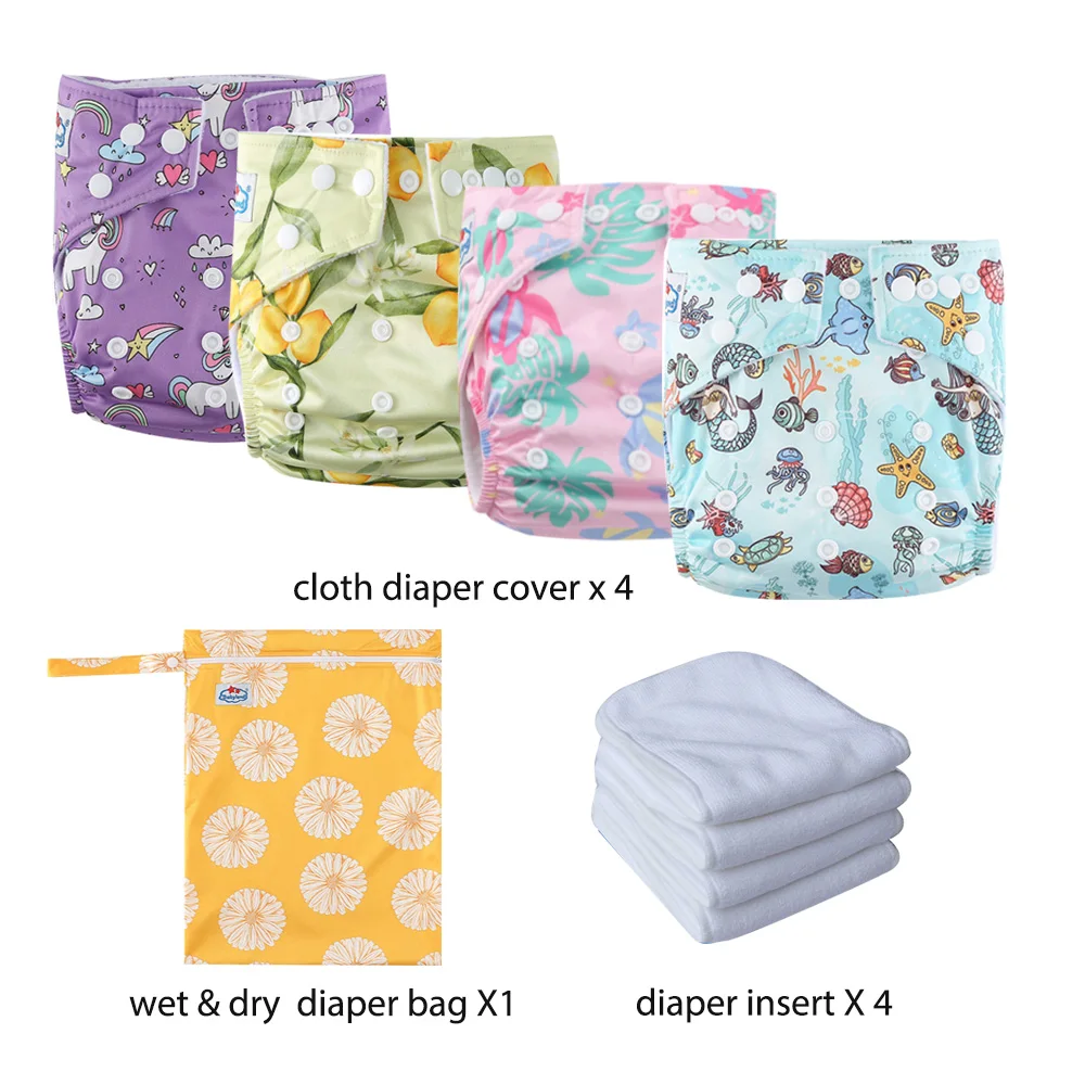 4 Waterproof Baby Cloth Diaper with Absorbents cloth Diaper Inserts for 3-15kg Washable Eco-friendly Pocket Cloth Nappy Panties