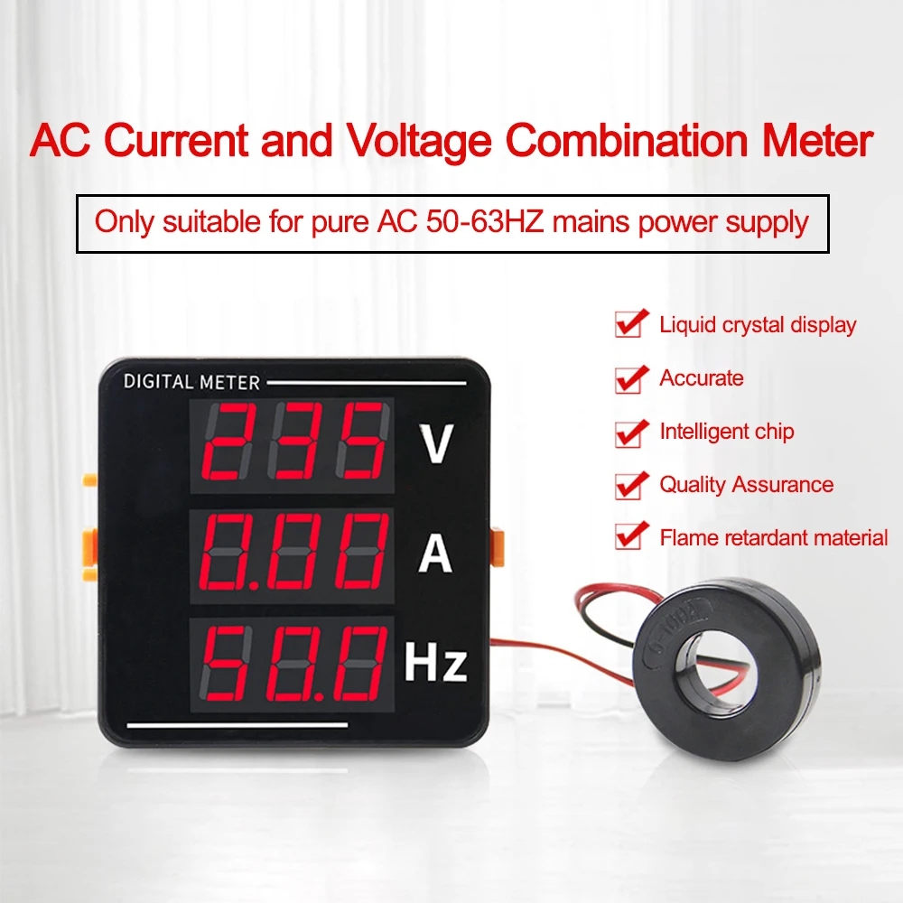 AC Digital Ammeter Voltmeter Frequency meter Digital Display Current Voltage CH-72VA 1-120A 50-500V for pure AC 50-63HZ mains