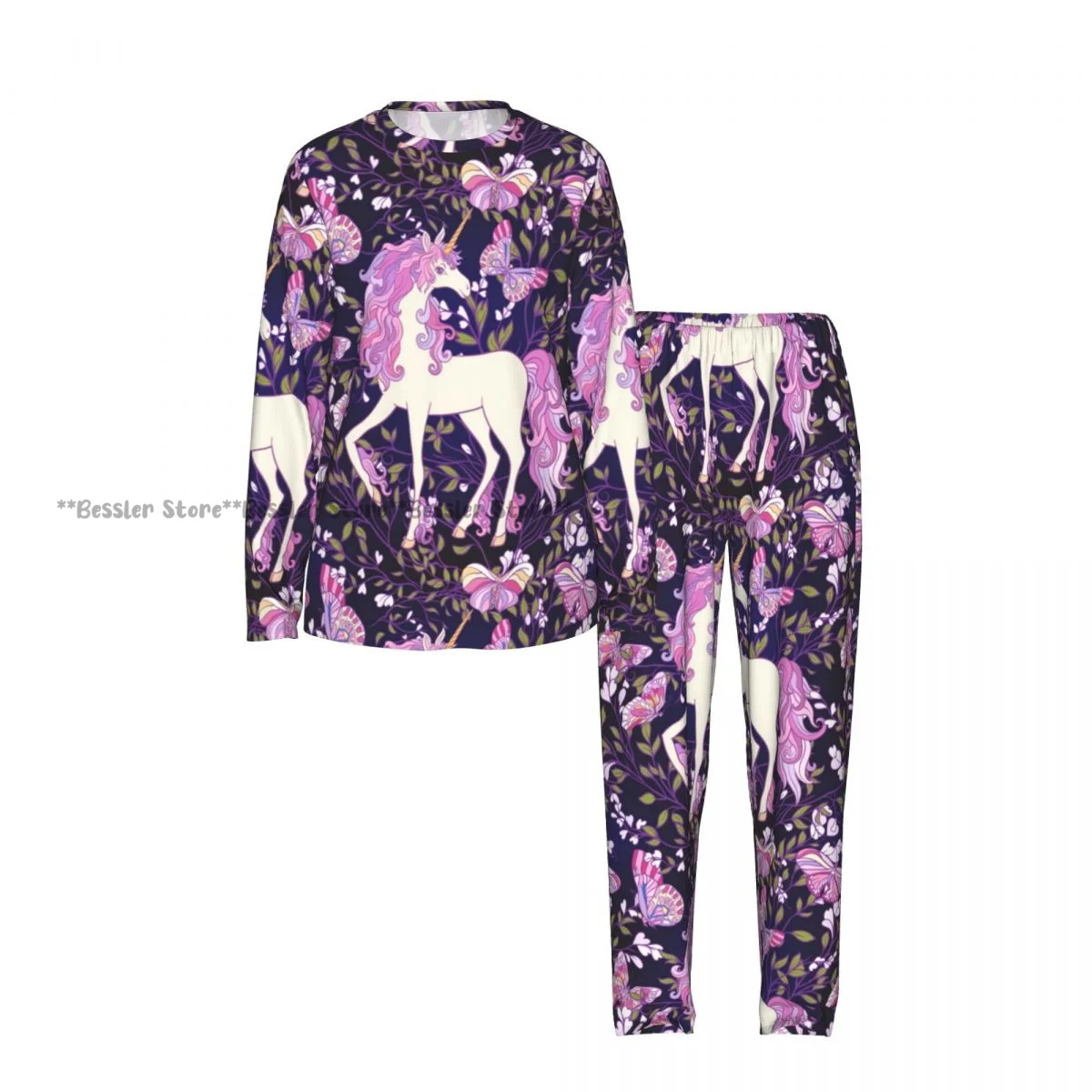 Women Casual Round Neck 2PCS Sleepwear Set Long Sleeve Shirt & Long Pants Unicorn Roses And Butterflies Daily Home Loungewear