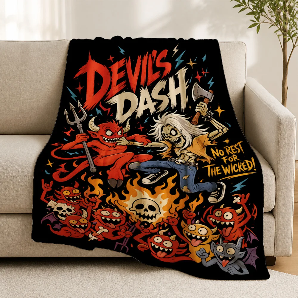 Devils Dash Halloween Throw Blanket Novelty Witch Skeleton Horror Print Couch Cover Plush Decor Gifts for Man Woman Party Suppli