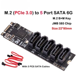 M.2 to 5 Ports SATA III 6G SSD Adapter with SATAIII Cable support UEFI PCIe 3.0 Gen3x2 Non-RAID Jmb 585 chip for B key M key