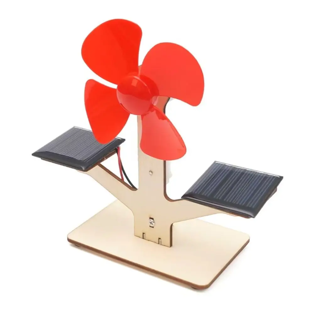 Interesting Wood Plastic Solar Fan Toy Red 3D Assemble Learning Toy DIY Handmade Physics