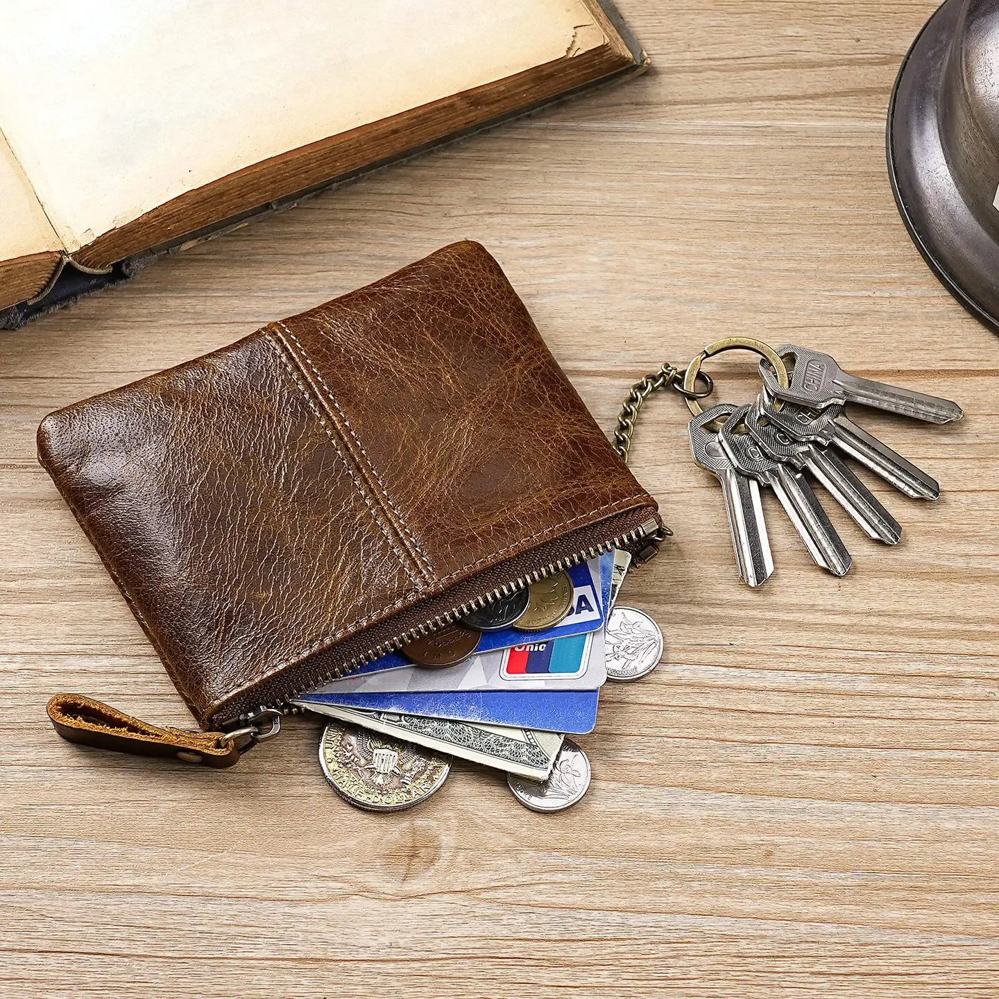 Mens and Women Retro Real Leather Zipper Wallet Card Holder Small Coins Keys Pocket Money Storage Pouch with Chain Key-ring