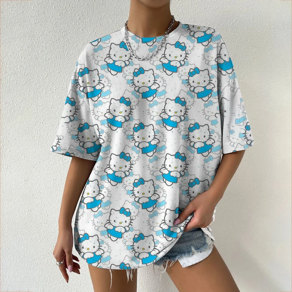 Hello Kitty para koszulka z krótkim rękawem damska modna odzież uliczna luźna koszulka Y2K millennium dziewczyna top
