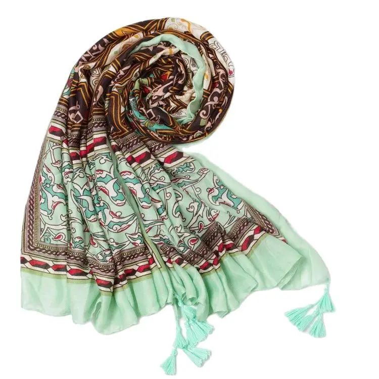 Ladies Women Girls Green Geometric Print Shawl Scarf Scarves Wide Striped Wrap Luxury Women Shawls Accessories