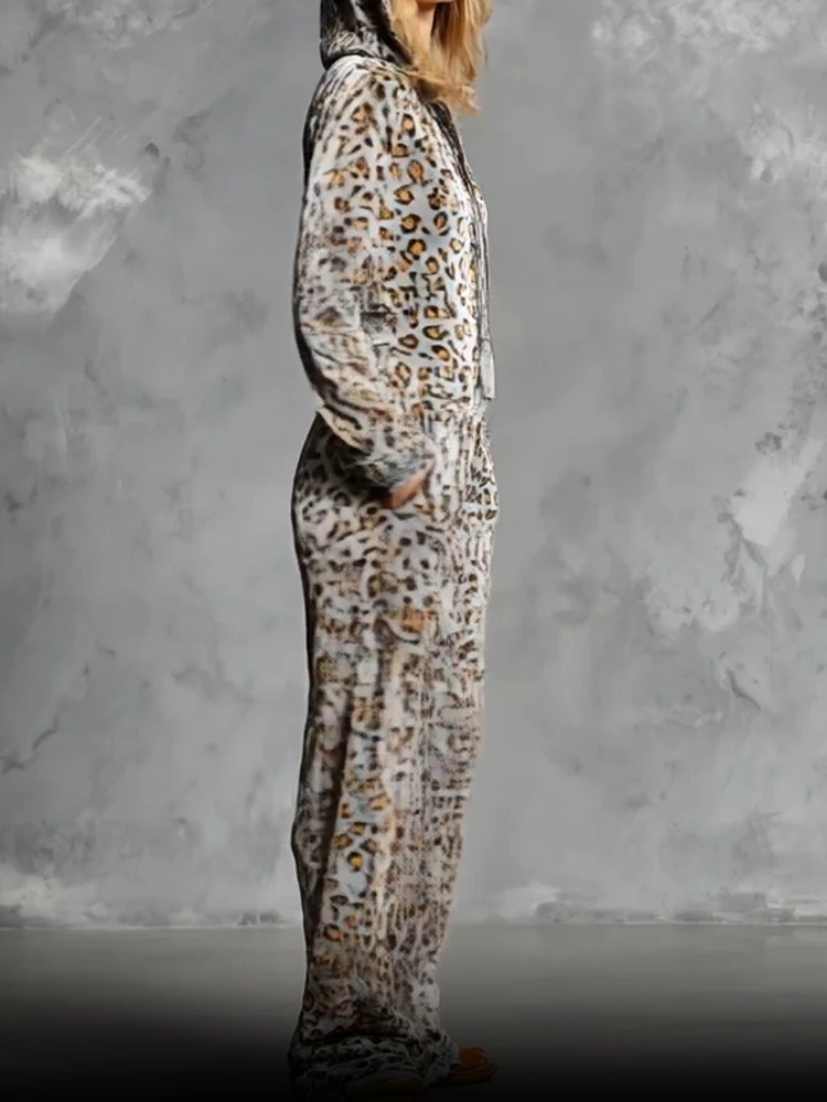 

Autumn Winter New Golden Velvet Leopard Print Jumpsuit Fashion High Waist Pocket Hoodies Rompers Casual Loose Wide Leg Playsuits