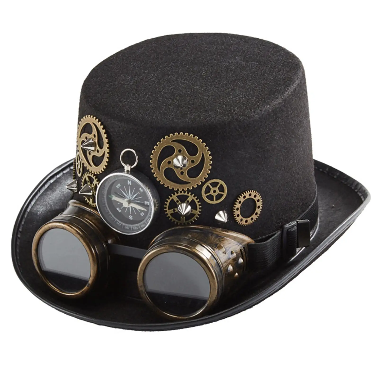 Retro Style Steampunk Top Hat Metal One Size Unisex Gothic Rivet Wide Brim Head Wear Gears for Jazz Cosplay Fancy Dress Women