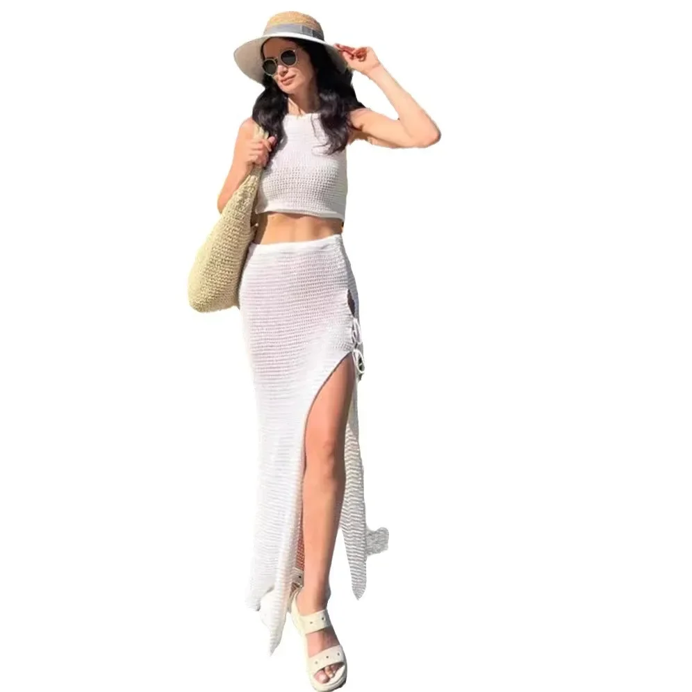 Summer Sexy Skirt Women\'s Solid Color Fashion Beach Street Hollow See-through Skirt Long Ankle