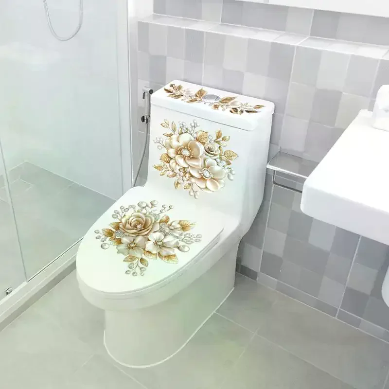 Luxury Gold Pearl Floral Toilet Sticker Waterproof Self-Adhesive Bathroom Decor Sticker Wall Stickers Home Decoration Stickers