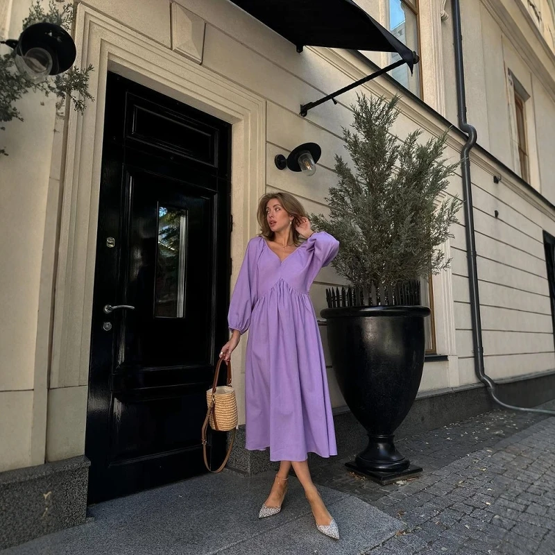 Casual Vaion Sle Bal ceinturé Dr femmes v-ne robe taille haute lanterne Sve jupe longue été Faion