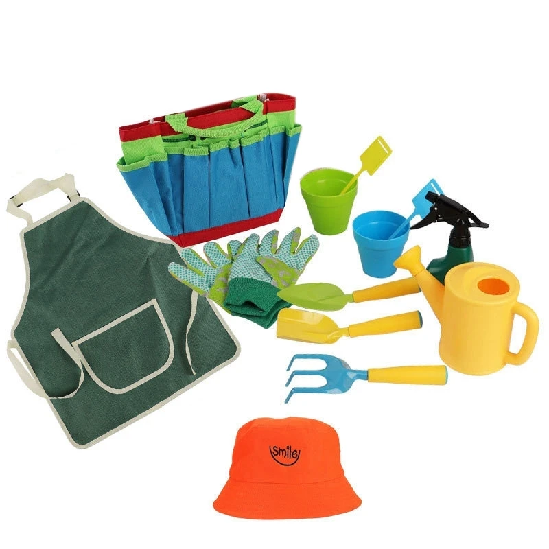 11PCS Children'S Gardening Tools Kit with Apron,Hat,Tote Bag,Gloves, Rake,Shovel,Trowel,Spray Bottle,Pots and Tag