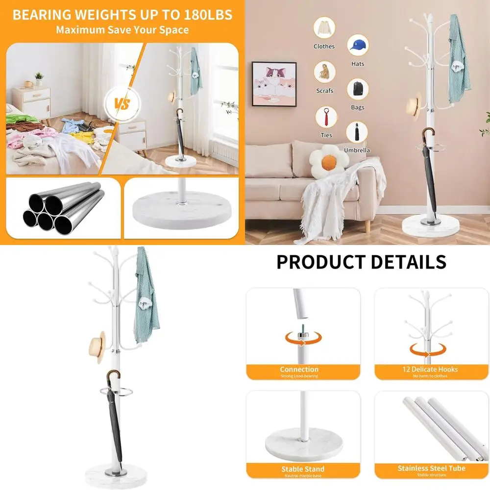 

Современная напольная вешалка для одежды с 12 крючками, держателем для зонтов и основанием из натурального мрамора для прихожей, офиса и дома