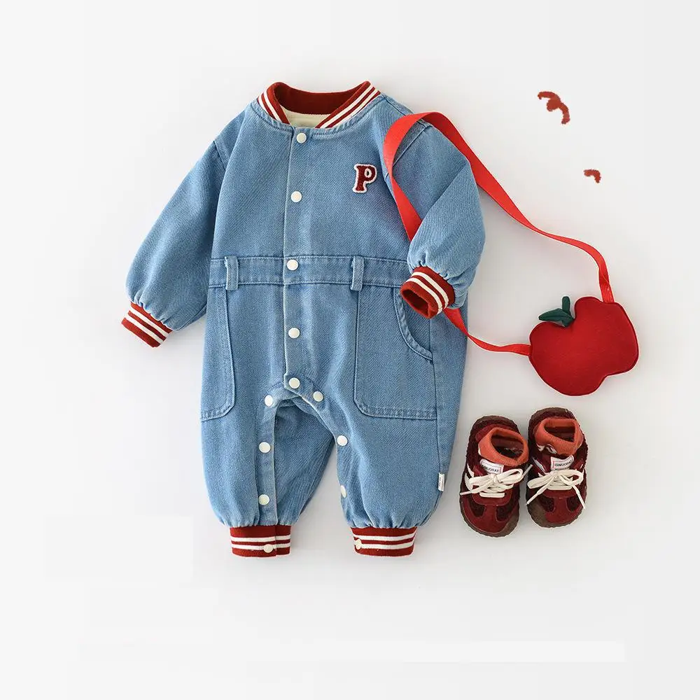 

2025 зимний новый детский флисовый джинсовый комбинезон, модный комбинезон с надписью для маленьких мальчиков, бархатная толстая теплая одежда для маленьких девочек, От 0 до 24 месяцев