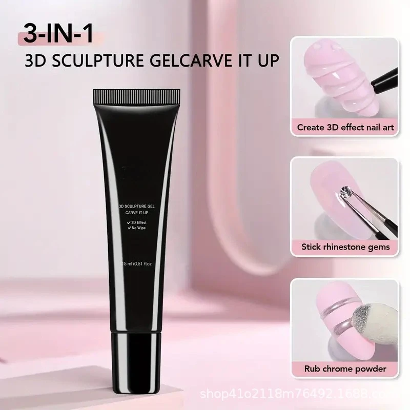 3D No Wipe Rhinestone Nail Glue Builder Gel for Nail Extension Strengthening Chrome Powder Wave Shaping Manicure Top Coat