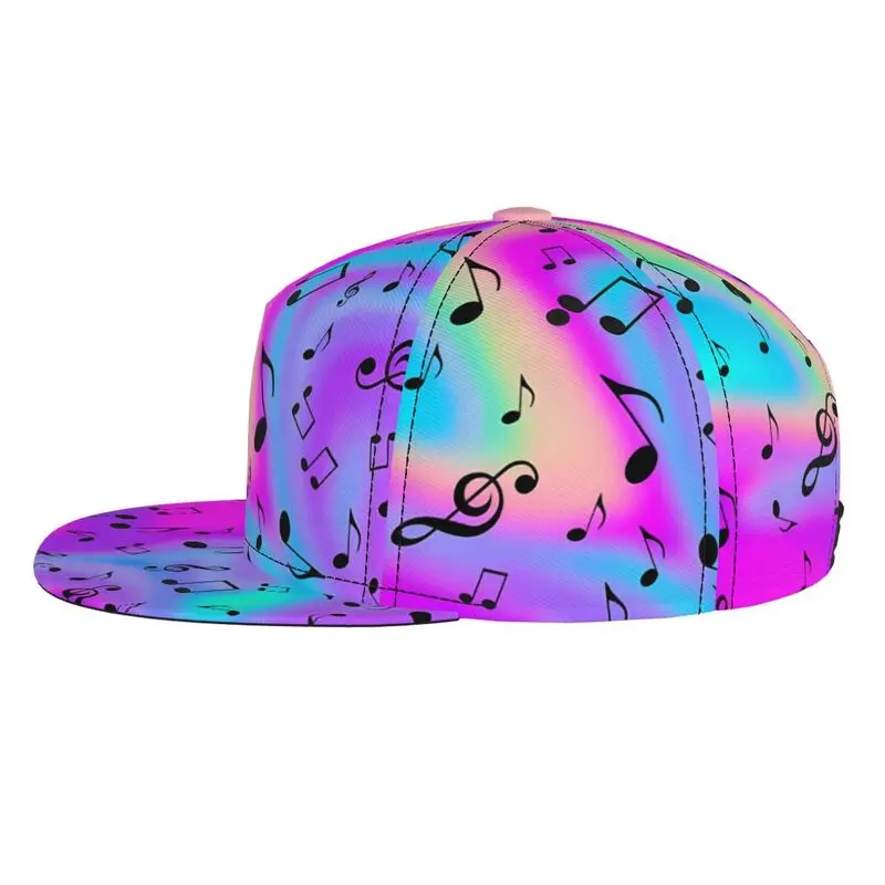 Bunte Regenbogen-Farbverlauf-Musiknoten-Snapback-Kappe, Hip-Hop-Baseballkappe mit flachem Schirm für Männer und Frauen, Musikfestival, Streetwear, verstellbar – Detail 3